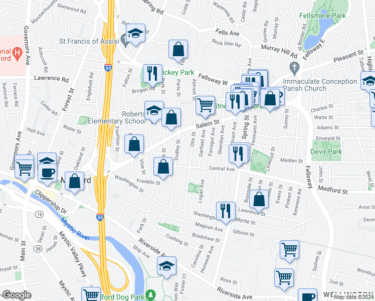map of restaurants, bars, coffee shops, grocery stores, and more near 91 Dudley Street in Medford