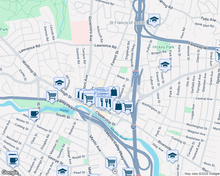 map of restaurants, bars, coffee shops, grocery stores, and more near 38 Ashland Street in Medford