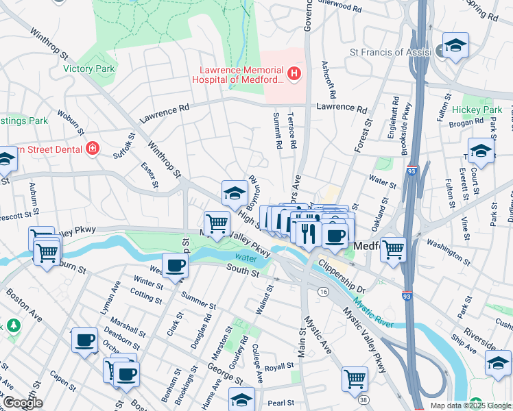 map of restaurants, bars, coffee shops, grocery stores, and more near 15 Boynton Road in Medford