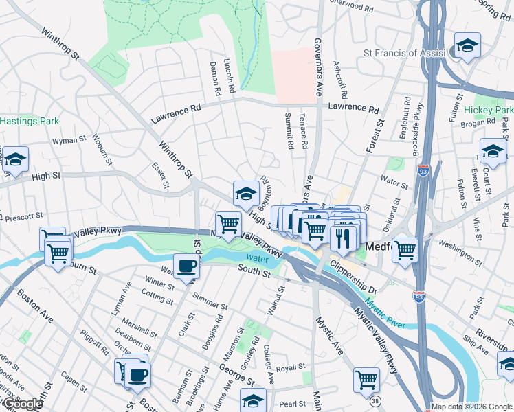 map of restaurants, bars, coffee shops, grocery stores, and more near 15 Boynton Road in Medford