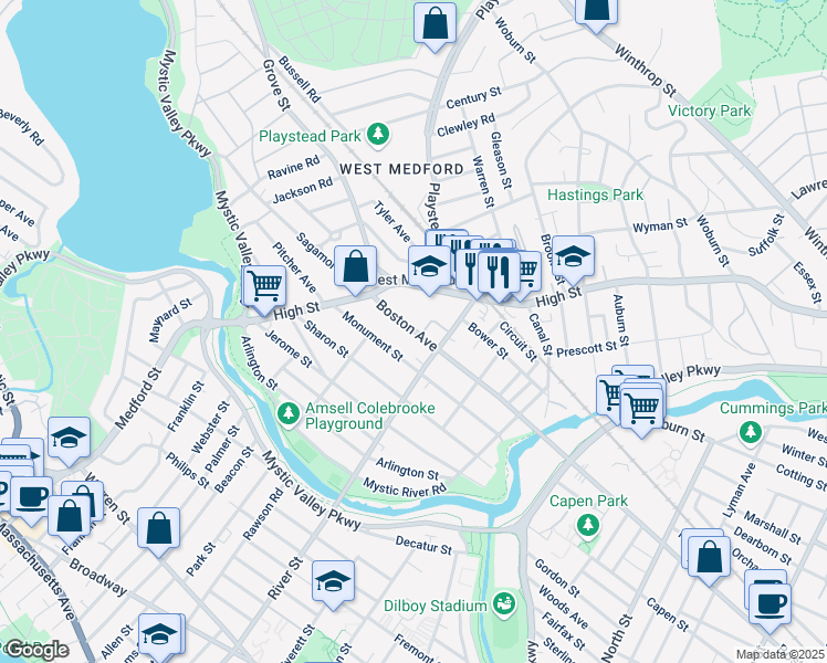 map of restaurants, bars, coffee shops, grocery stores, and more near 52 Monument Street in Medford