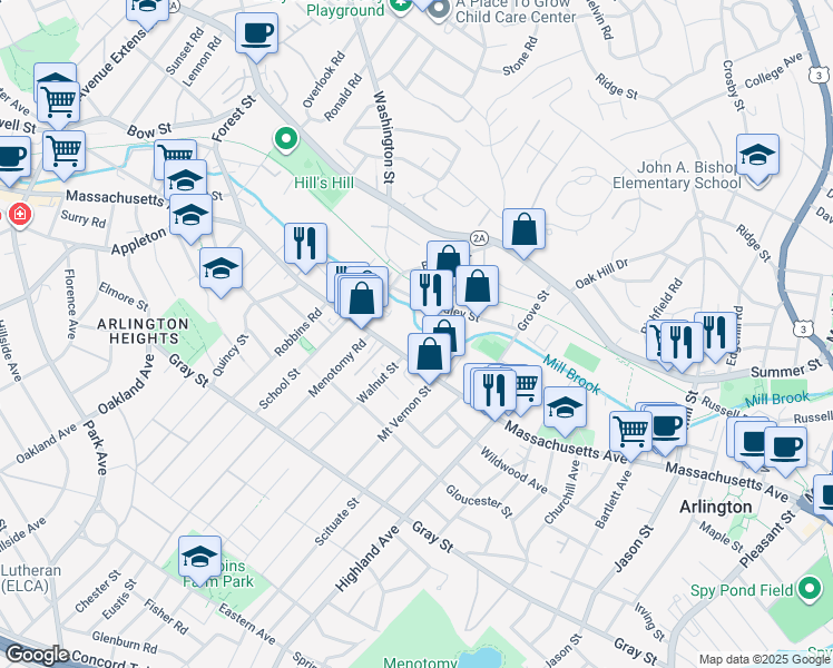 map of restaurants, bars, coffee shops, grocery stores, and more near 993 Massachusetts Avenue in Arlington