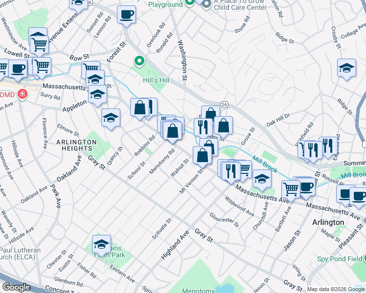 map of restaurants, bars, coffee shops, grocery stores, and more near 1017 Massachusetts Avenue in Arlington
