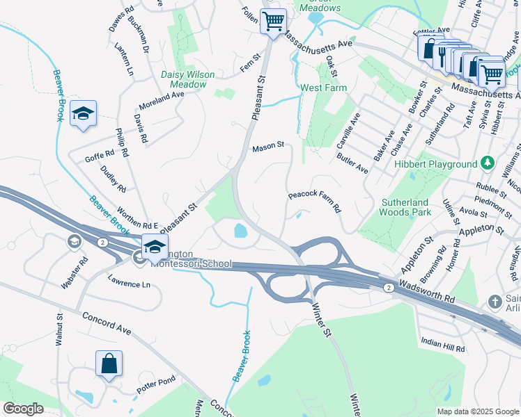 map of restaurants, bars, coffee shops, grocery stores, and more near 28 Watertown Street in Lexington