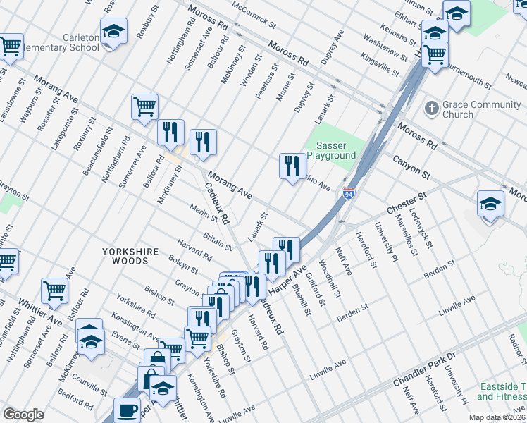 map of restaurants, bars, coffee shops, grocery stores, and more near 9240 Woodhall Street in Detroit