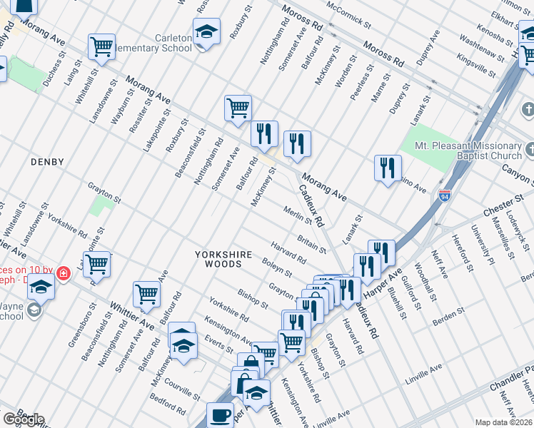 map of restaurants, bars, coffee shops, grocery stores, and more near 10399 Britain Street in Detroit