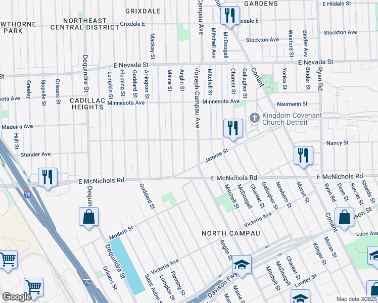 map of restaurants, bars, coffee shops, grocery stores, and more near 17193 Anglin Street in Detroit