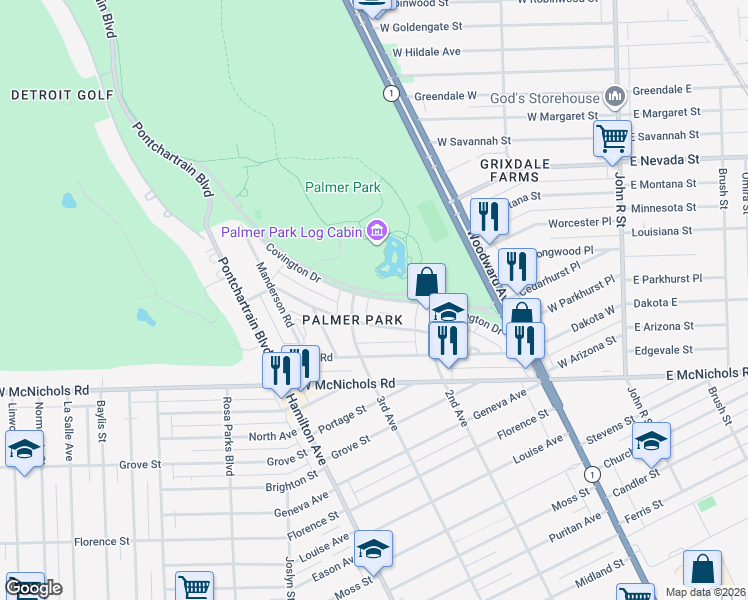 map of restaurants, bars, coffee shops, grocery stores, and more near 681 Covington Drive in Detroit