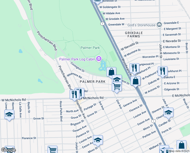 map of restaurants, bars, coffee shops, grocery stores, and more near 17524 3rd Avenue in Detroit