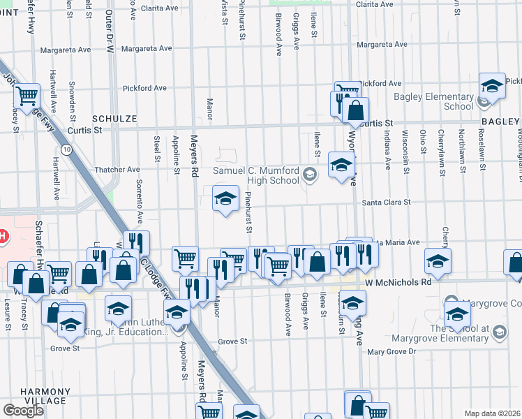 map of restaurants, bars, coffee shops, grocery stores, and more near 17399 Mendota Street in Detroit