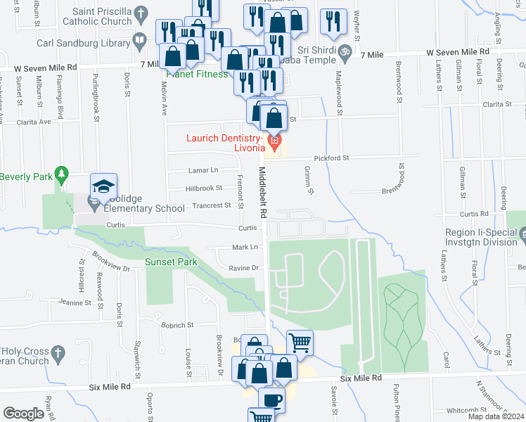 map of restaurants, bars, coffee shops, grocery stores, and more near 18302 Middlebelt Road in Livonia
