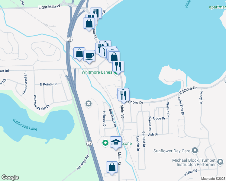 map of restaurants, bars, coffee shops, grocery stores, and more near 9345 Harbor Cove Circle in Whitmore Lake