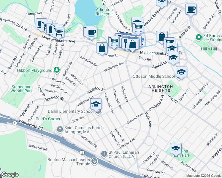 map of restaurants, bars, coffee shops, grocery stores, and more near 45 Claremont Avenue in Arlington