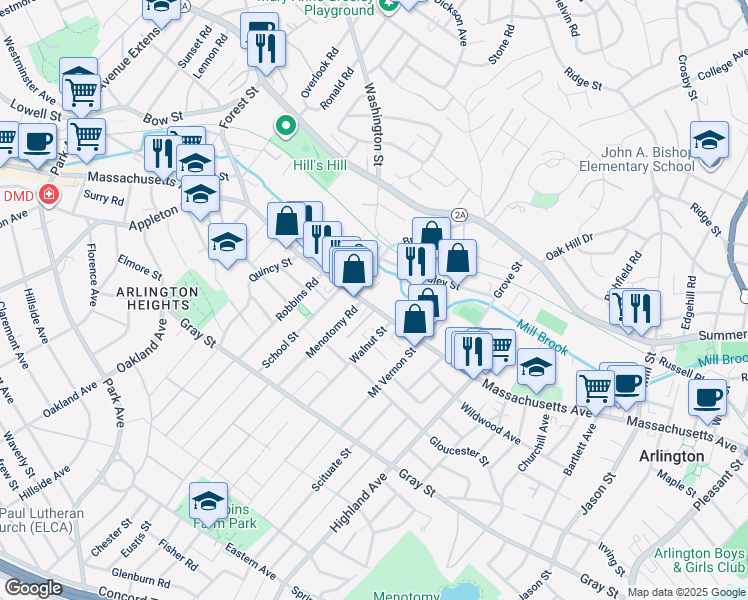 map of restaurants, bars, coffee shops, grocery stores, and more near 1017 Massachusetts Avenue in Arlington
