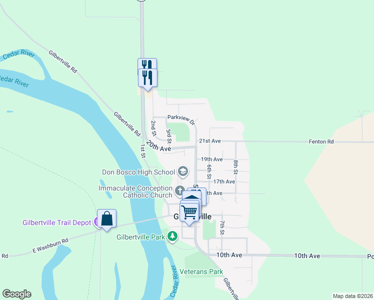 map of restaurants, bars, coffee shops, grocery stores, and more near 406 20th Avenue in Gilbertville