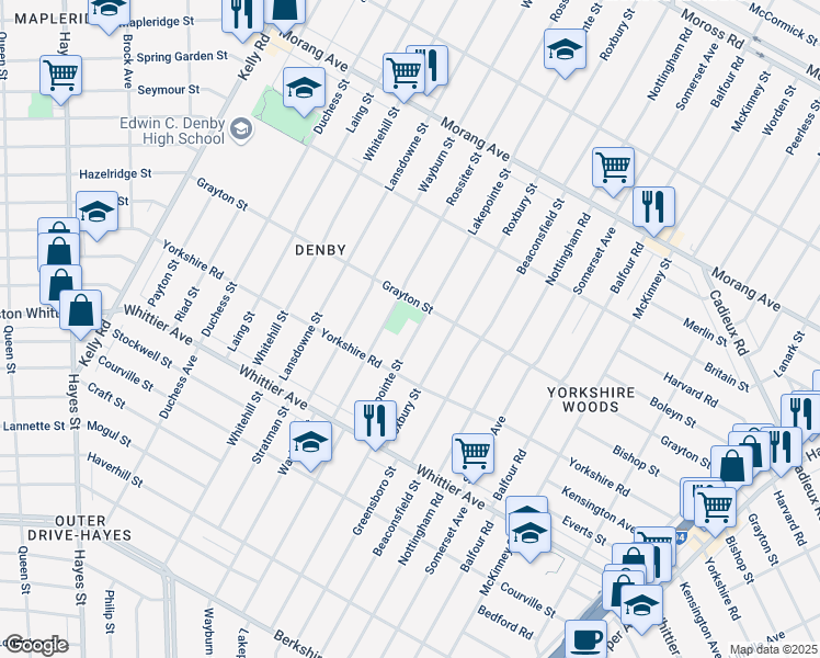 map of restaurants, bars, coffee shops, grocery stores, and more near 11087 Lakepointe Street in Detroit