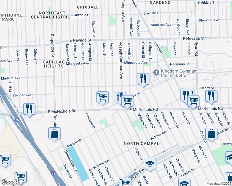 map of restaurants, bars, coffee shops, grocery stores, and more near 17193 Anglin Street in Detroit