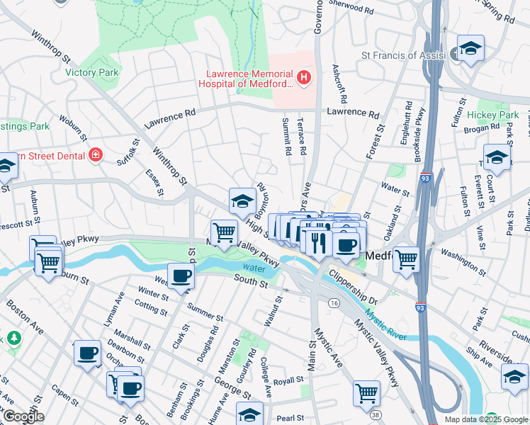 map of restaurants, bars, coffee shops, grocery stores, and more near 15 Boynton Road in Medford