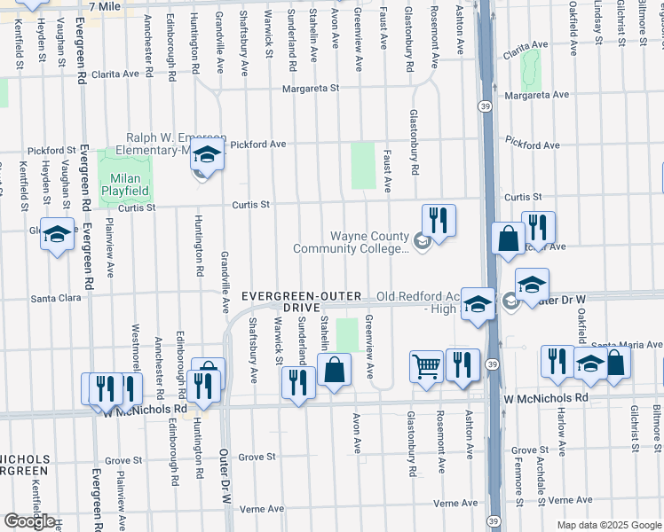 map of restaurants, bars, coffee shops, grocery stores, and more near 17584 Stahelin Avenue in Detroit