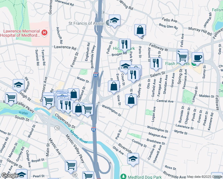 map of restaurants, bars, coffee shops, grocery stores, and more near 210 Salem Street in Medford