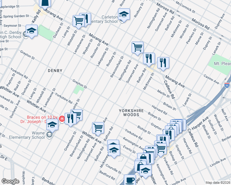 map of restaurants, bars, coffee shops, grocery stores, and more near 10842 Nottingham Road in Detroit