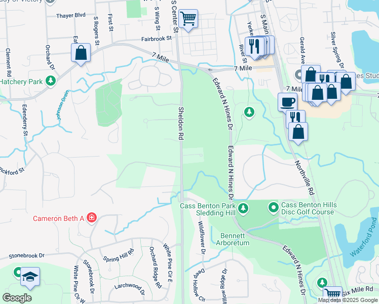 map of restaurants, bars, coffee shops, grocery stores, and more near 44444 Thornapple Lane in Northville
