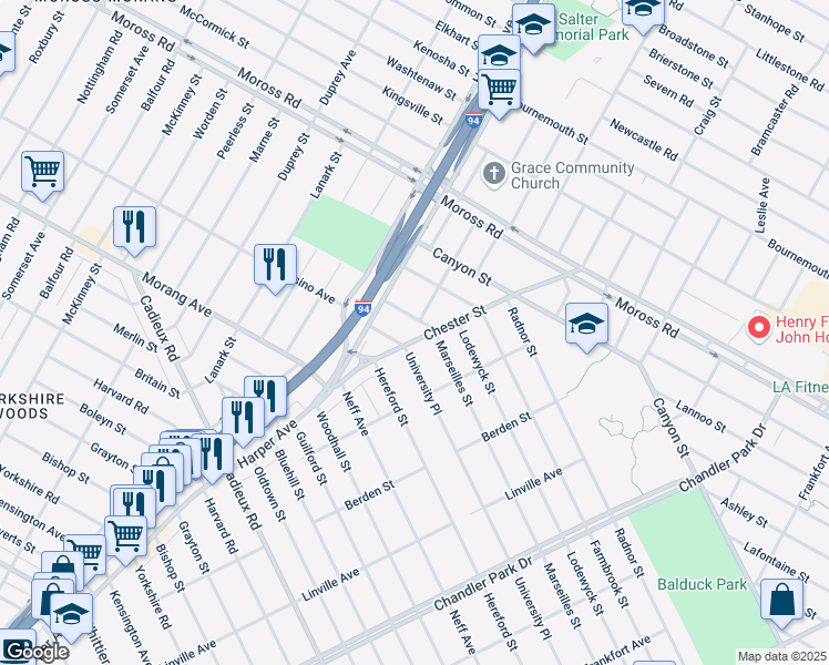 map of restaurants, bars, coffee shops, grocery stores, and more near 17736 Chester Street in Detroit
