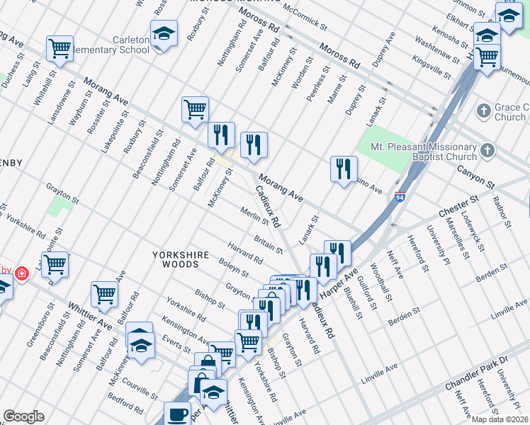 map of restaurants, bars, coffee shops, grocery stores, and more near 10411 Cadieux Road in Detroit