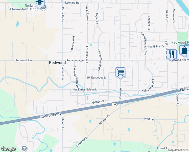 map of restaurants, bars, coffee shops, grocery stores, and more near 2710 Southwest Eastwood Lane in Grants Pass
