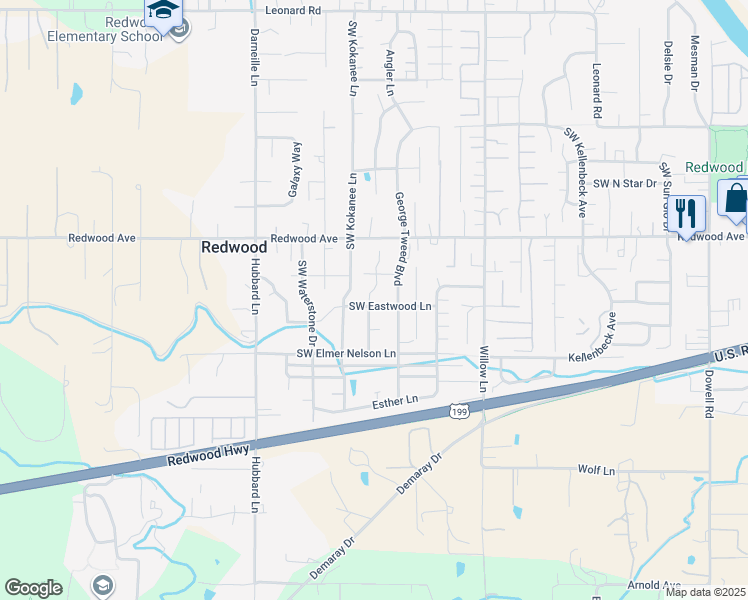 map of restaurants, bars, coffee shops, grocery stores, and more near 2710 Southwest Eastwood Lane in Grants Pass