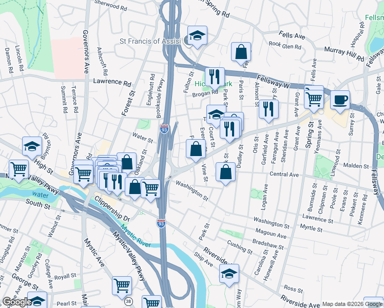 map of restaurants, bars, coffee shops, grocery stores, and more near 12 Fulton Street in Medford
