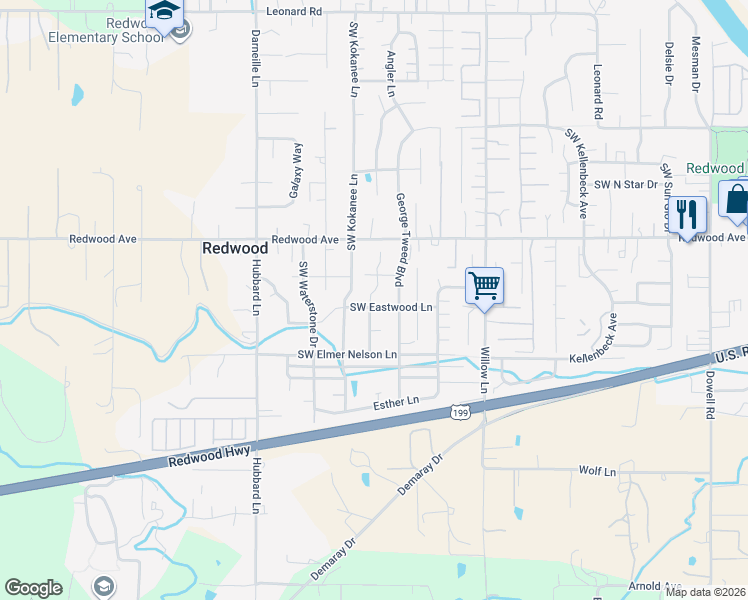 map of restaurants, bars, coffee shops, grocery stores, and more near 2710 Southwest Eastwood Lane in Grants Pass