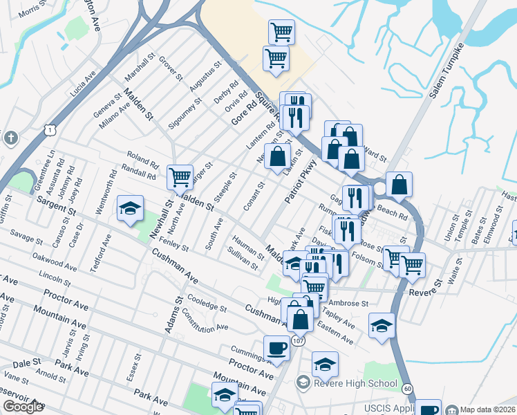 map of restaurants, bars, coffee shops, grocery stores, and more near 38 Patriot Parkway in Revere