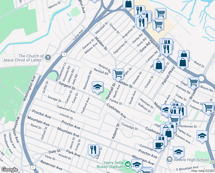 map of restaurants, bars, coffee shops, grocery stores, and more near 28 Festa Road in Revere