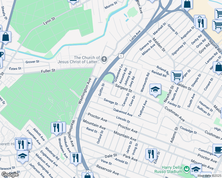 map of restaurants, bars, coffee shops, grocery stores, and more near 24 Richie Road in Revere