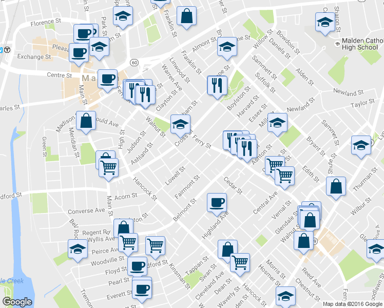 map of restaurants, bars, coffee shops, grocery stores, and more near 11 Winthrop Street in Malden