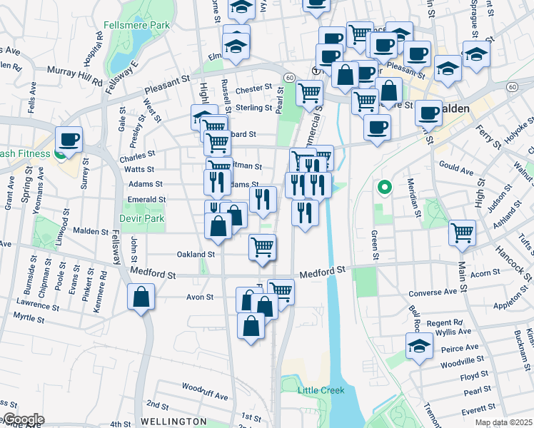 map of restaurants, bars, coffee shops, grocery stores, and more near 262 Pearl Street in Malden