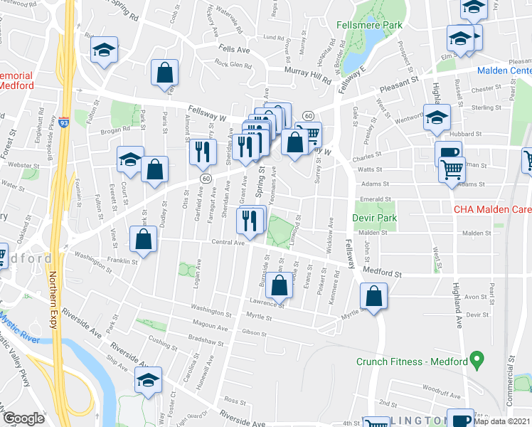 map of restaurants, bars, coffee shops, grocery stores, and more near 34 Yeomans Avenue in Medford