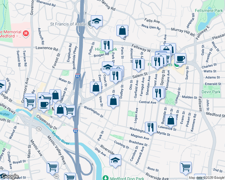 map of restaurants, bars, coffee shops, grocery stores, and more near 167 Park Street in Medford