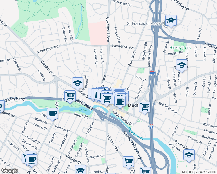 map of restaurants, bars, coffee shops, grocery stores, and more near 15 Governors Avenue in Medford