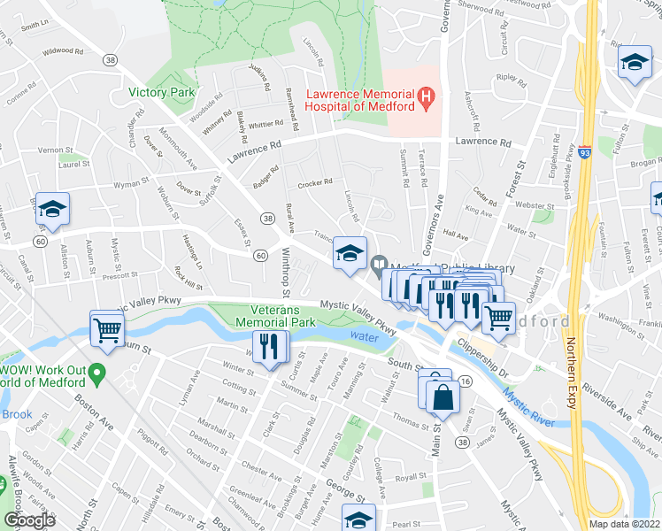 map of restaurants, bars, coffee shops, grocery stores, and more near 160 High Street in Medford