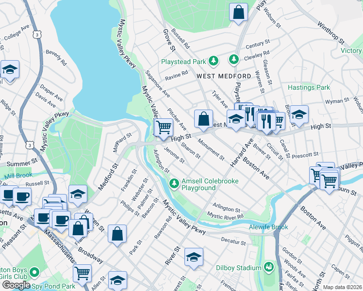 map of restaurants, bars, coffee shops, grocery stores, and more near 25 Sharon Street in Medford