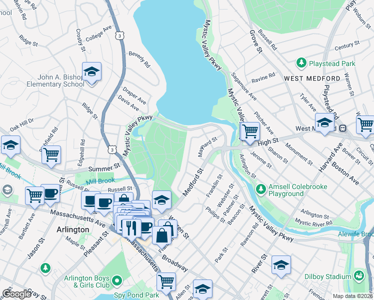 map of restaurants, bars, coffee shops, grocery stores, and more near 51 Webcowet Road in Arlington