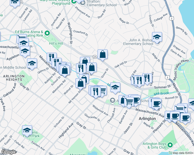 map of restaurants, bars, coffee shops, grocery stores, and more near 44 Grove Street in Arlington