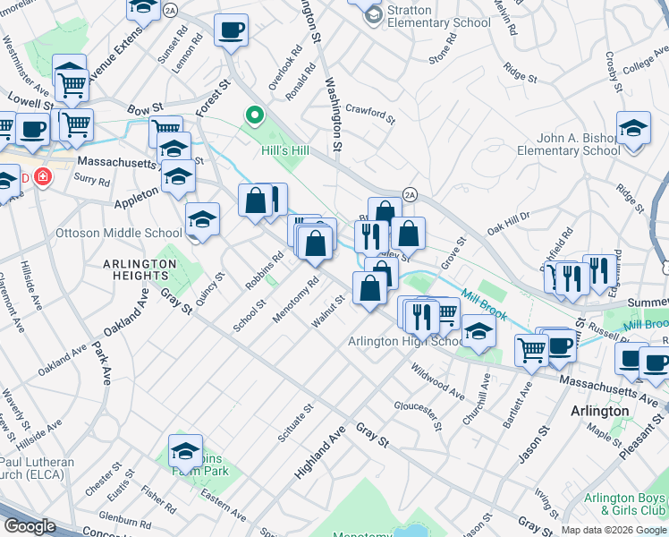 map of restaurants, bars, coffee shops, grocery stores, and more near 1017 Massachusetts Avenue in Arlington
