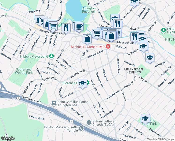 map of restaurants, bars, coffee shops, grocery stores, and more near 222 Appleton Street in Arlington