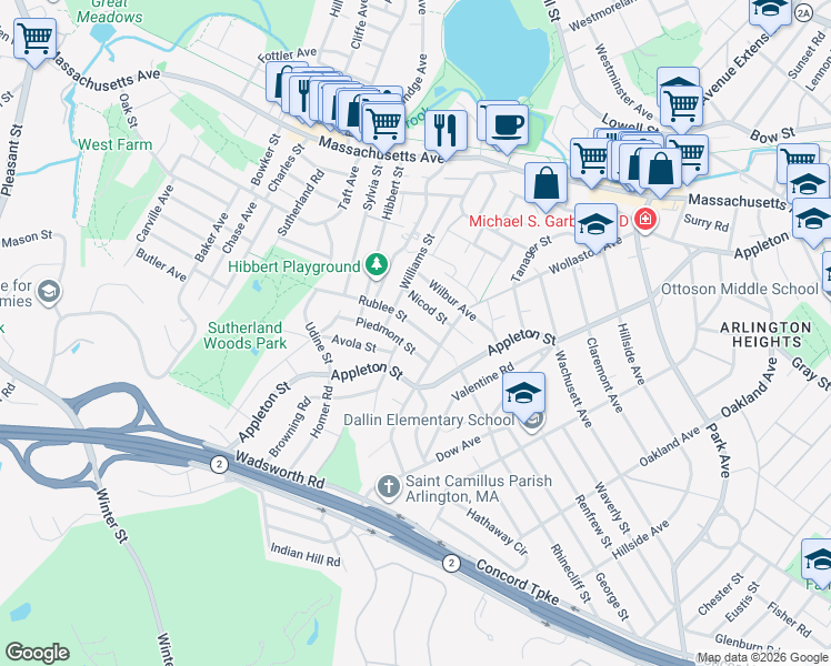 map of restaurants, bars, coffee shops, grocery stores, and more near 167 Wollaston Avenue in Arlington