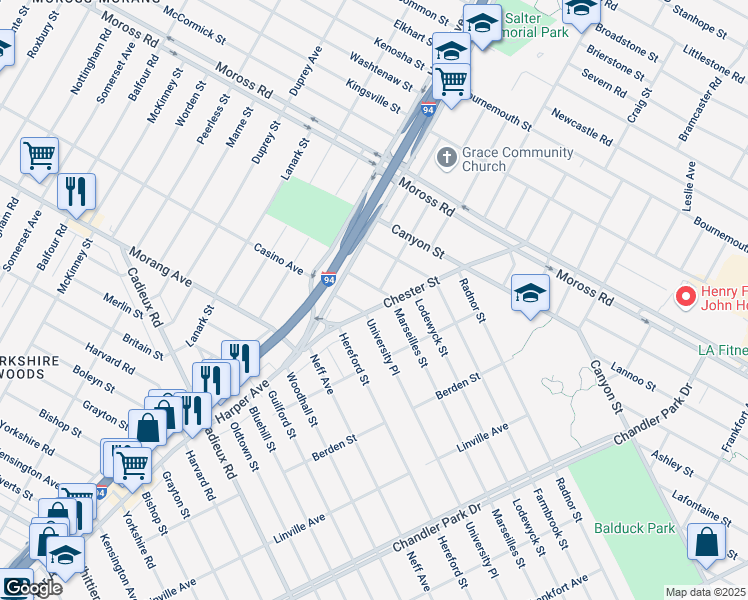 map of restaurants, bars, coffee shops, grocery stores, and more near 17736 Chester Street in Detroit