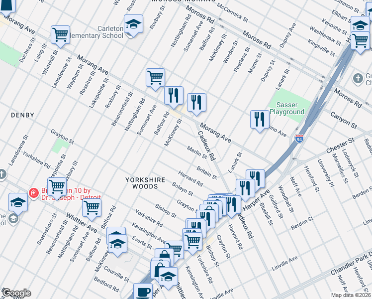 map of restaurants, bars, coffee shops, grocery stores, and more near 10326 Britain Avenue in Detroit