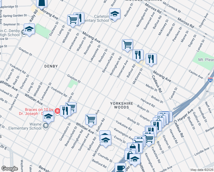map of restaurants, bars, coffee shops, grocery stores, and more near 10842 Nottingham Road in Detroit
